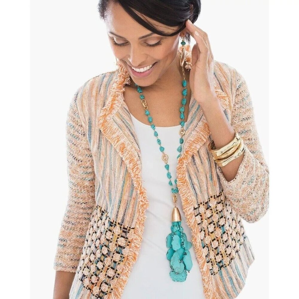 CHICO'S Jacket Textured Bonnie Fringe Cardigan Multicolor Size Large 2‎ NEW